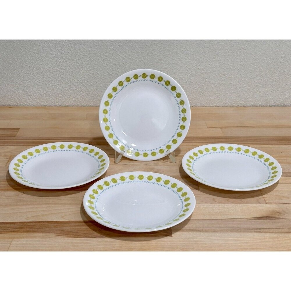 Set Of 4 Corelle South Beach Green Dot Dessert Or Bread And Butter Plates 6 3/4"